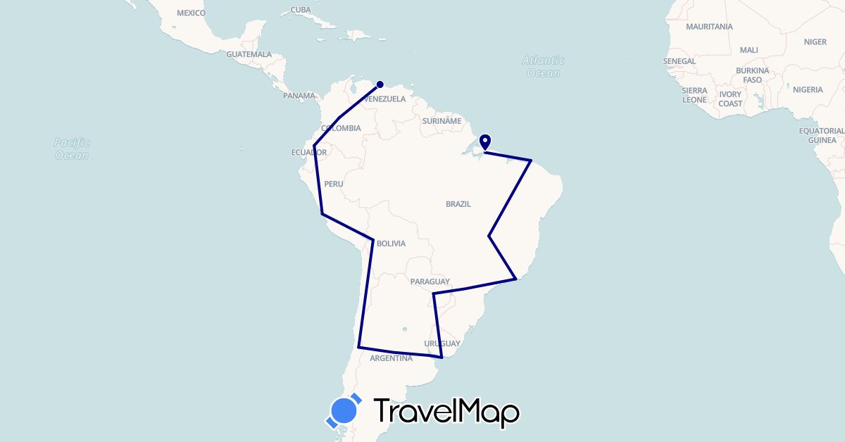TravelMap itinerary: driving in Argentina, Bolivia, Brazil, Chile, Colombia, Ecuador, Peru, Paraguay, Uruguay, Venezuela (South America)